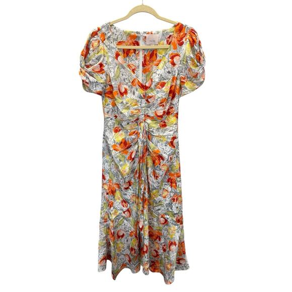 Cinq à Sept Walker Floral Midi Dress Size 6 Puff Sleeve Ruched Ivory Multi - Picture 5 of 13